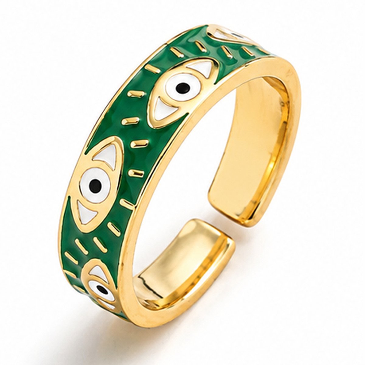 Deja Jewels - Dames ring - Goudkleurig edelstaal - Groen Oogmotief