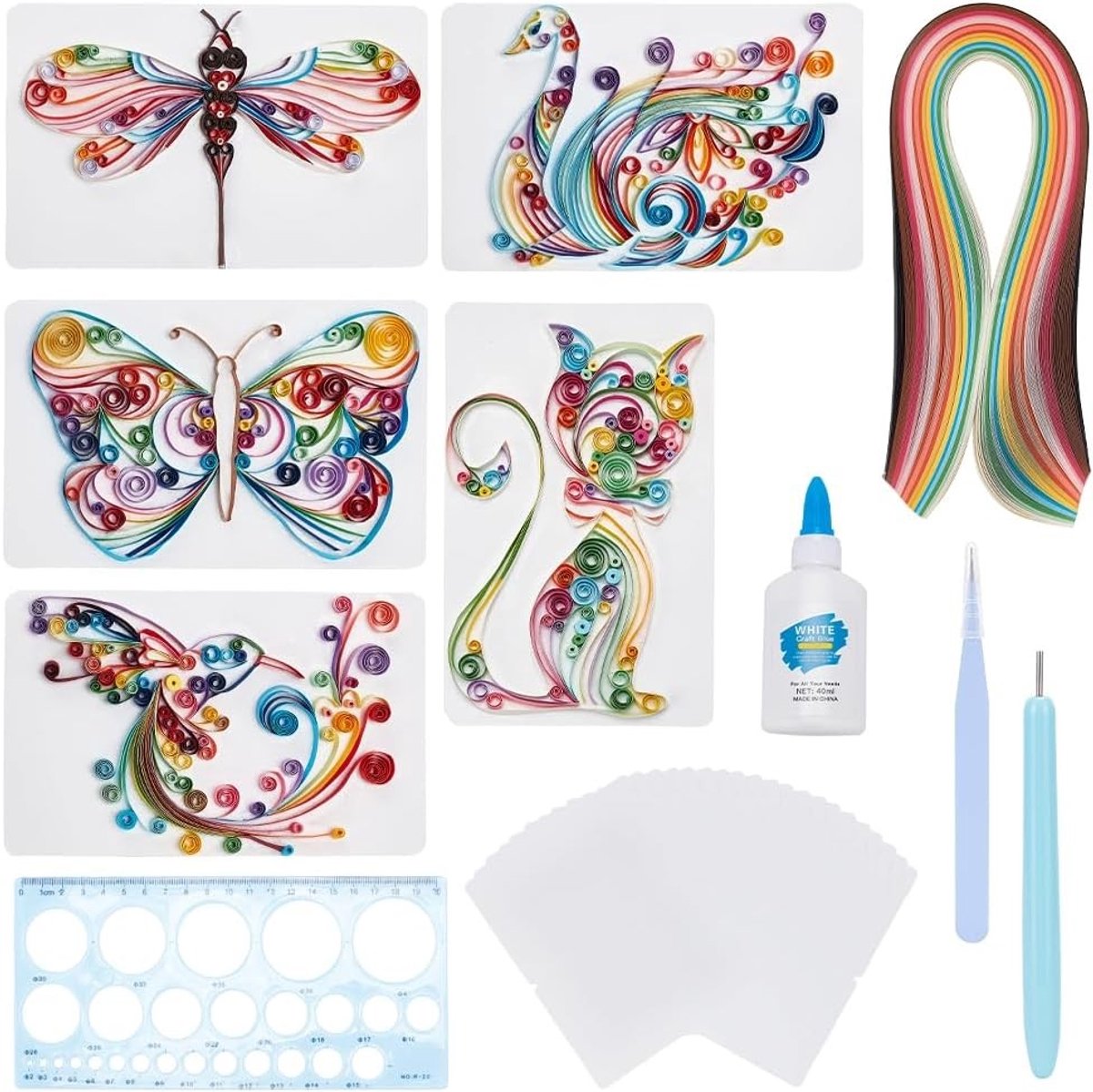20 Sets Paper Quilling Kits voor Beginners - DIY Kat Kaarten Maken met 36 Kleuren Strips, 20 Kaarten en Benodigdheden voor Wanddecoratie en Creatieve Projecten