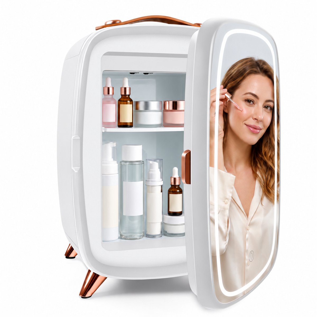 Make-up Koelkast 6 Liter – Cosmetica Koelkast met LED Spiegel – 3 Lichtstanden – Stil 20 dB – Wit