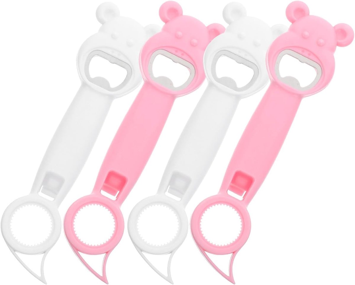 4-delige flessenopener en blikkeopener, creatieve cartoon-stijl flessenopener voor keuken, bars en feestjes, roze en witte kleuren