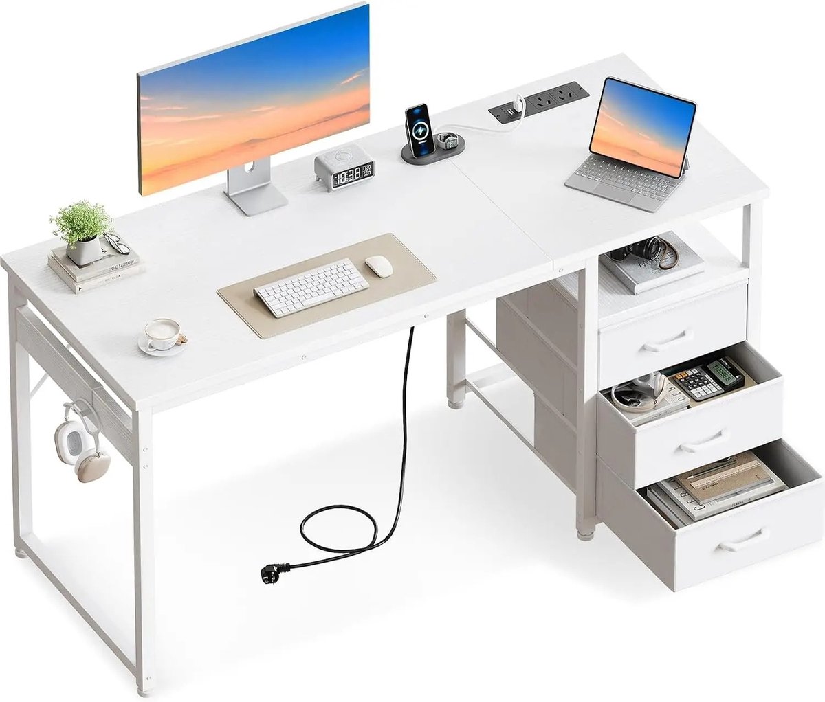Atlasyx bureau - Tafel - Bureau met lades - Bureautafel - Werktafel - Computerbureau - 2x Stopcontact - 120 x 48 x 75,5 cm - Wit