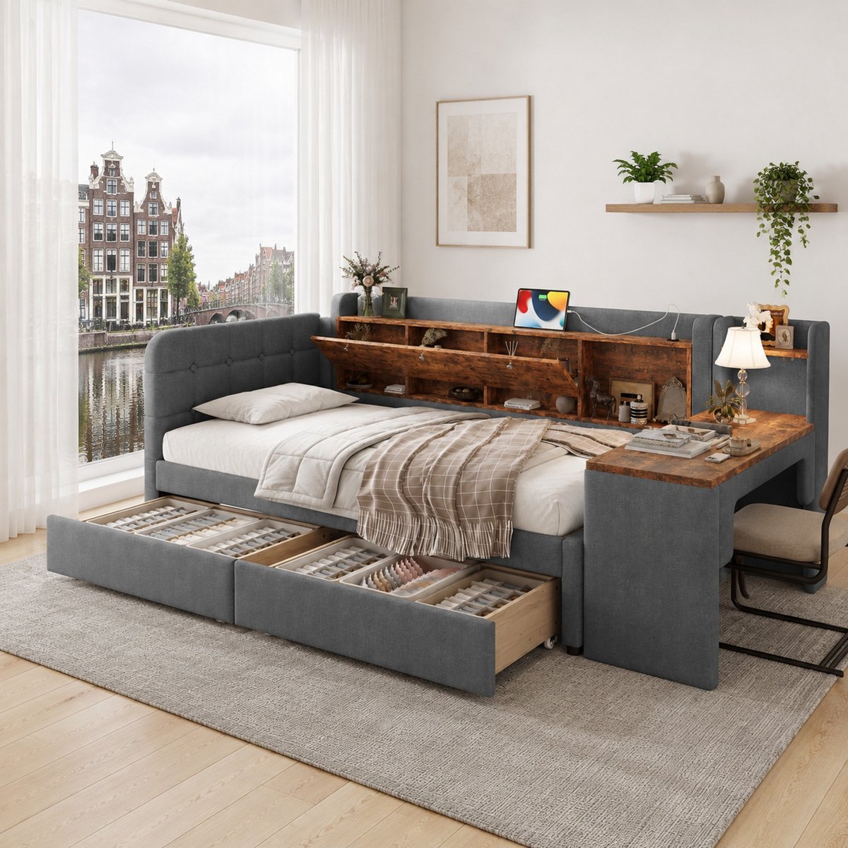 WUVRIE Daybed Slaapbank Grijs 90x200cm - 2 Lades, Bureau met USB + Type-C, MDF, Stof, Lattenbodem
