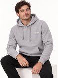 Man met grijze hoodie met 'COVAR' print op linkerborst.