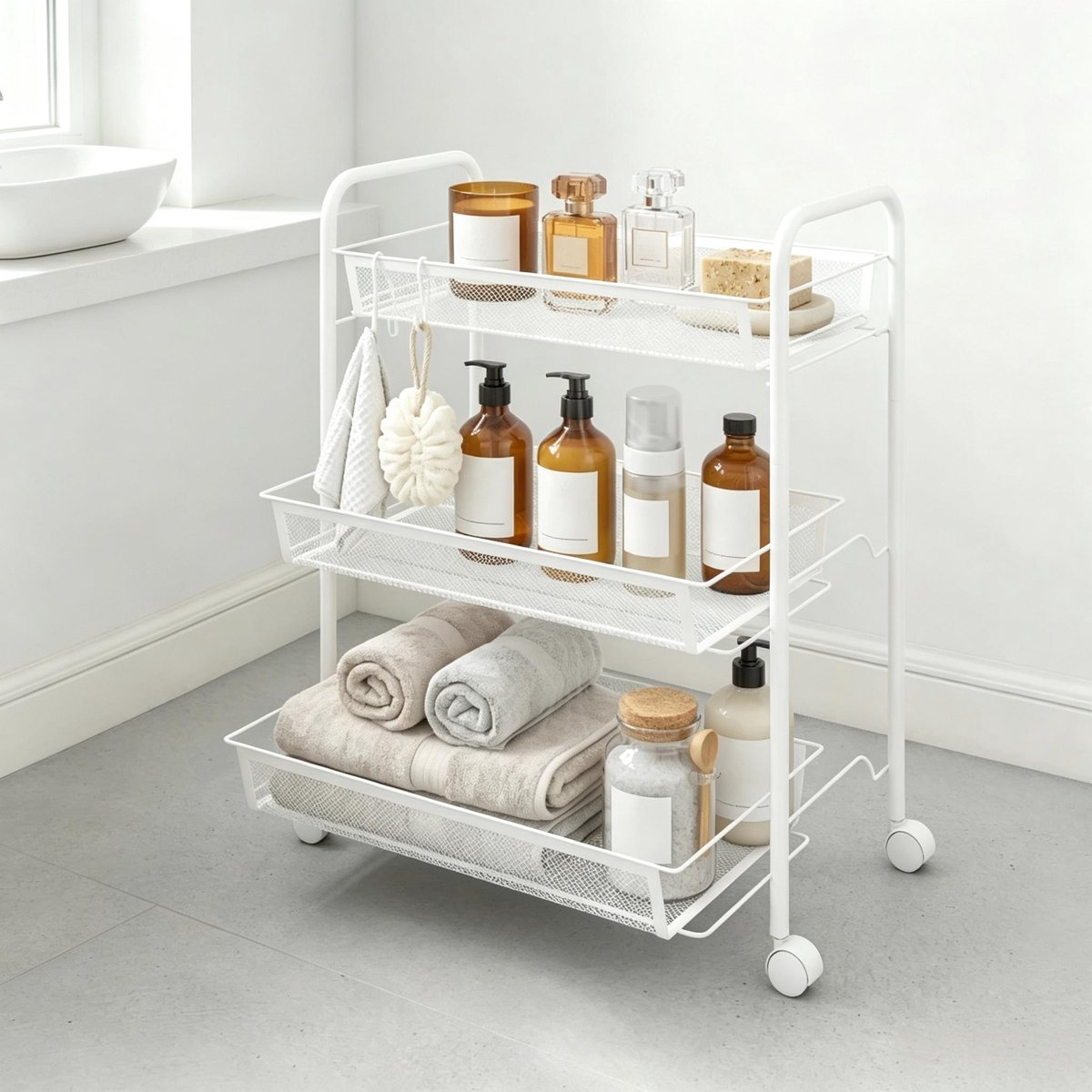 REDOM - Etagère - 3 niveaus met afneembare metalen manden - Met 4 haken - Op wielen - Voor keuken en huishouden - Staal - Wit - 45 x 26,5 x 63 cm