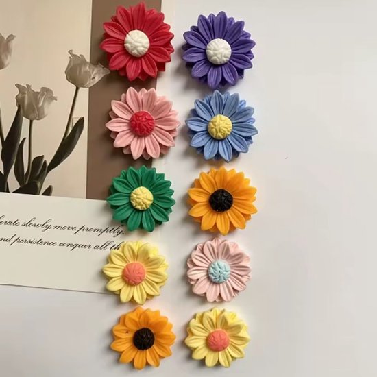Acht kleurrijke bloemvormige magneten op een witte achtergrond in rood, paars, geel, roze, blauw, groen en oranje.