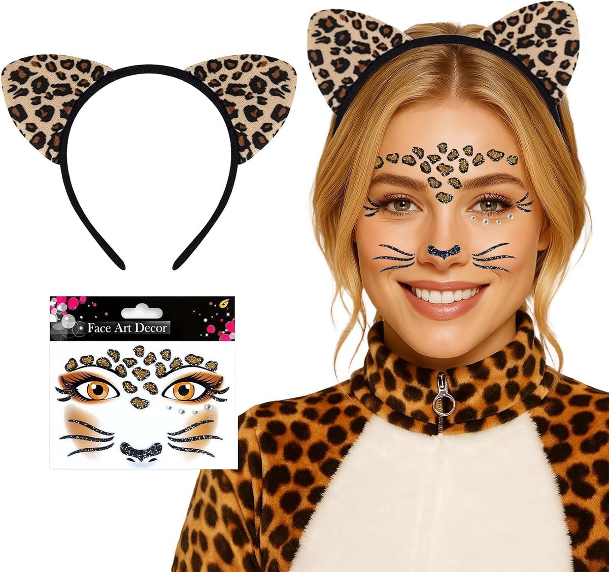 Zebra-kostuumaccessoireset met oren, hoofdband en tijdelijke tatoeages voor feestjes en carnaval