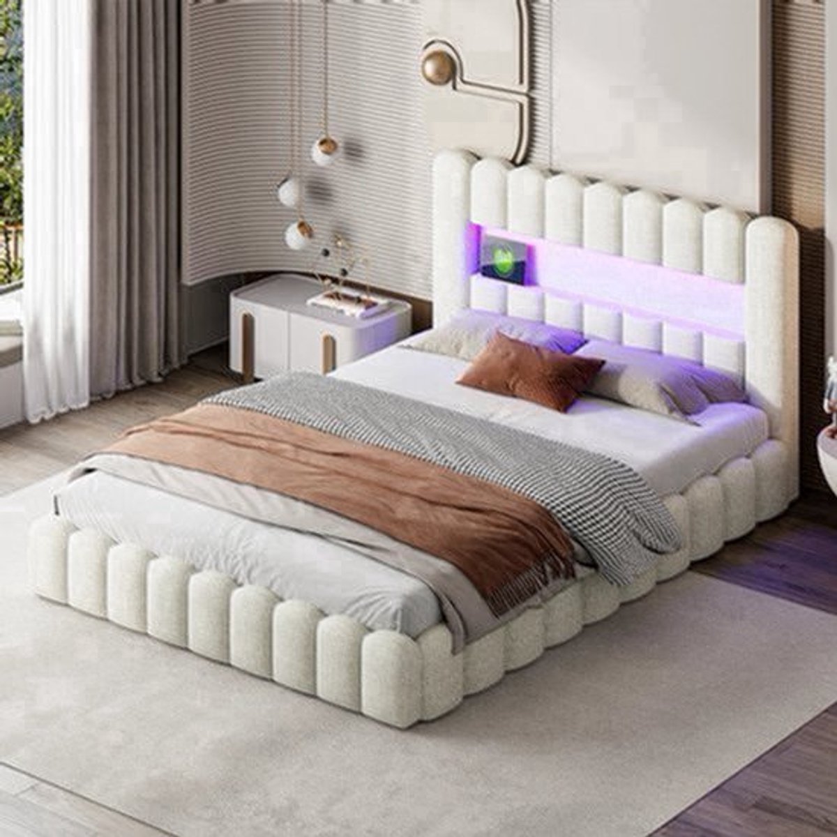 Gestoffeerd Tweepersoonsbed – Slaapbank – Bedframe – Verstelbaar Bed – Linnen Bed – 140x200 cm – LED Hoofdbord – USB Oplaadpunt