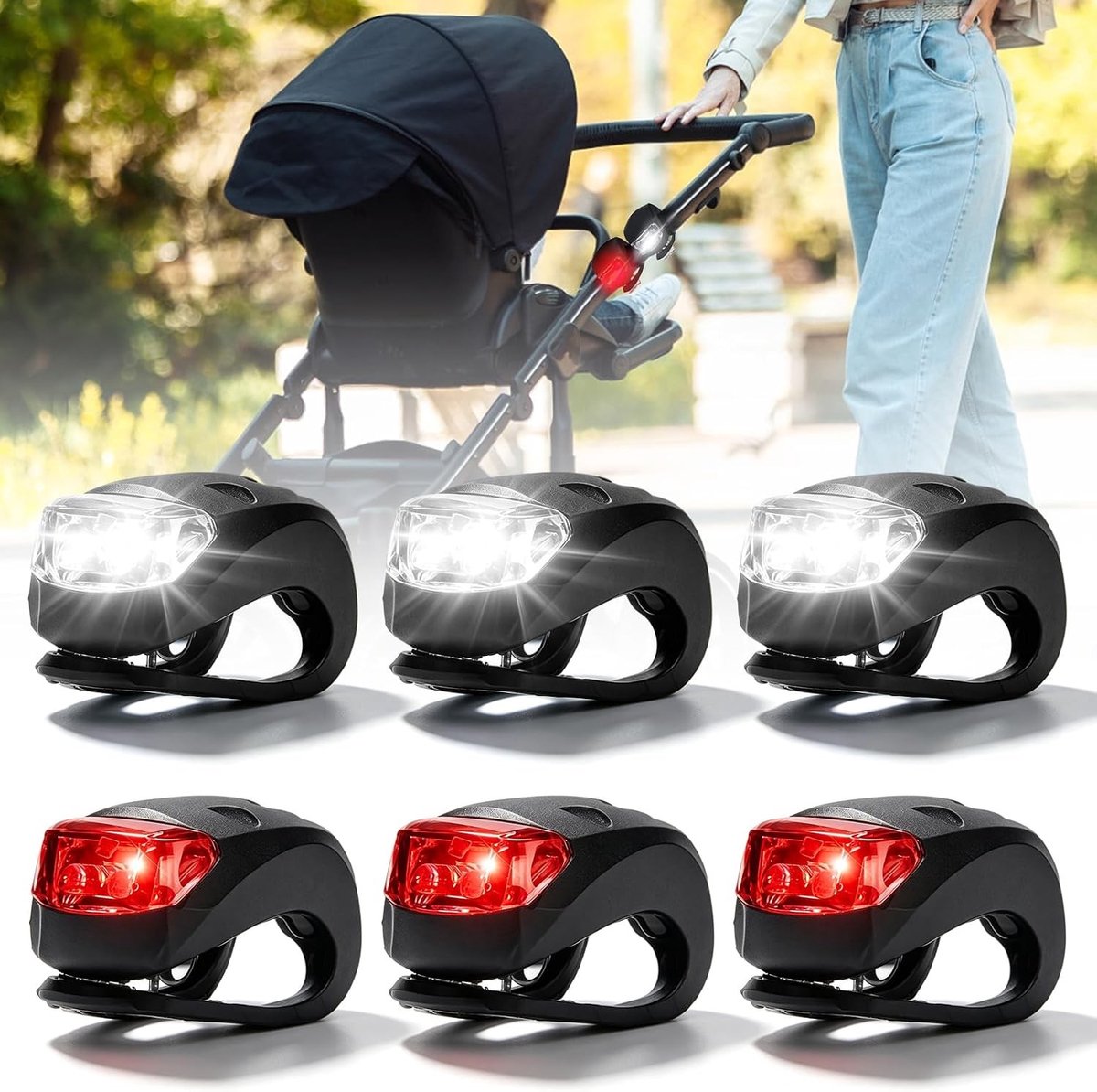 6 stuks waterdichte LED-verlichting voor kinderwagens, joggen en kamperen met 3 lichtfuncties en siliconen draagbare veiligheidswaarschuwing