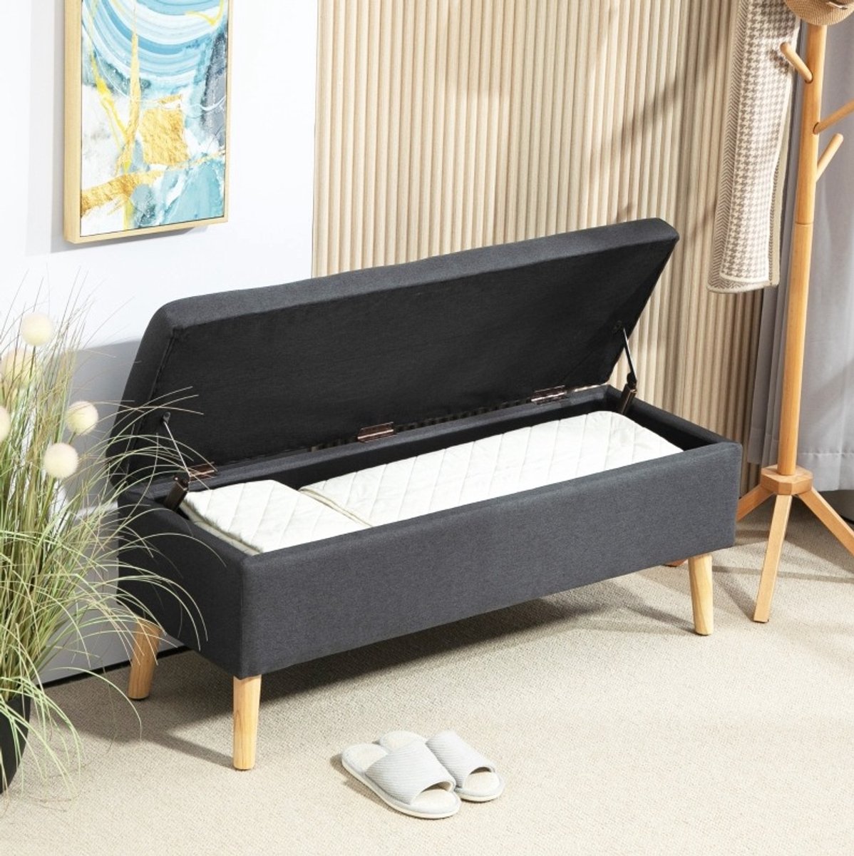 MODFU-Opbergbank-Scandinavisch-Donkergrijs-Hout-Stof-110 X 39 X 45 Cm