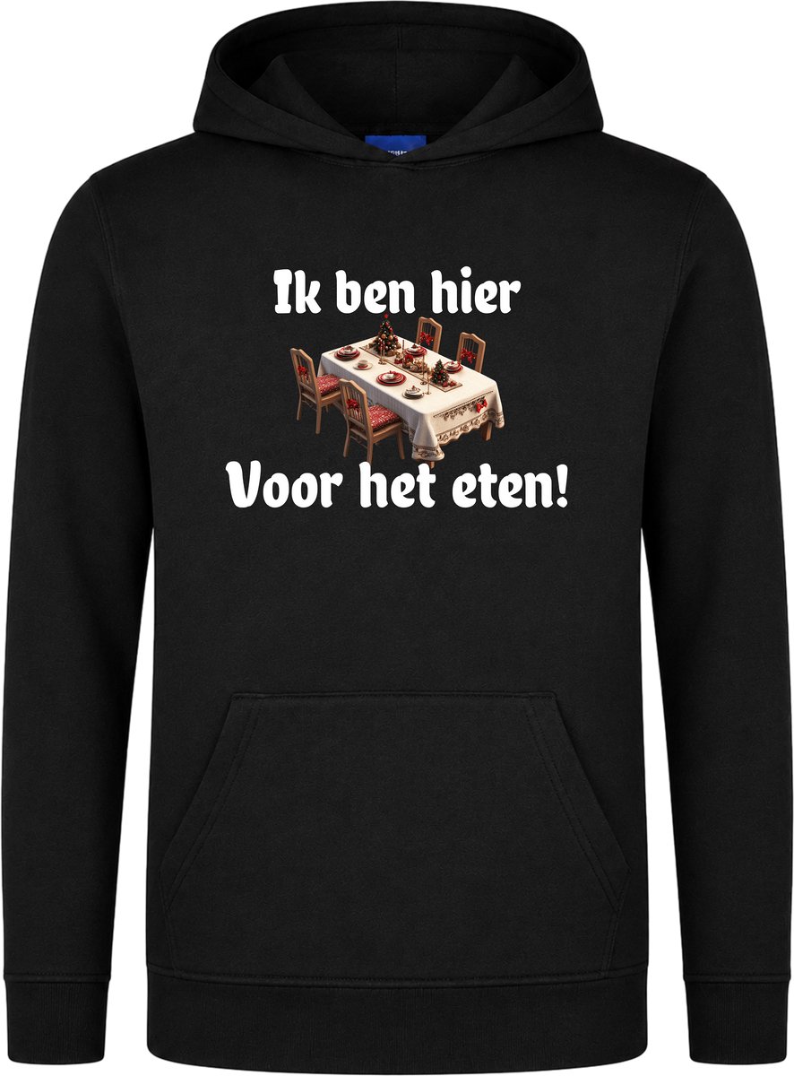 Ik Ben Hier Voor Het Eten Kerst Hoodie - Foute Hoodie Dames Heren - Kat - Unisex - Kersttrui - Kerst Cadeau - Grappig - Zwart - Maat XL