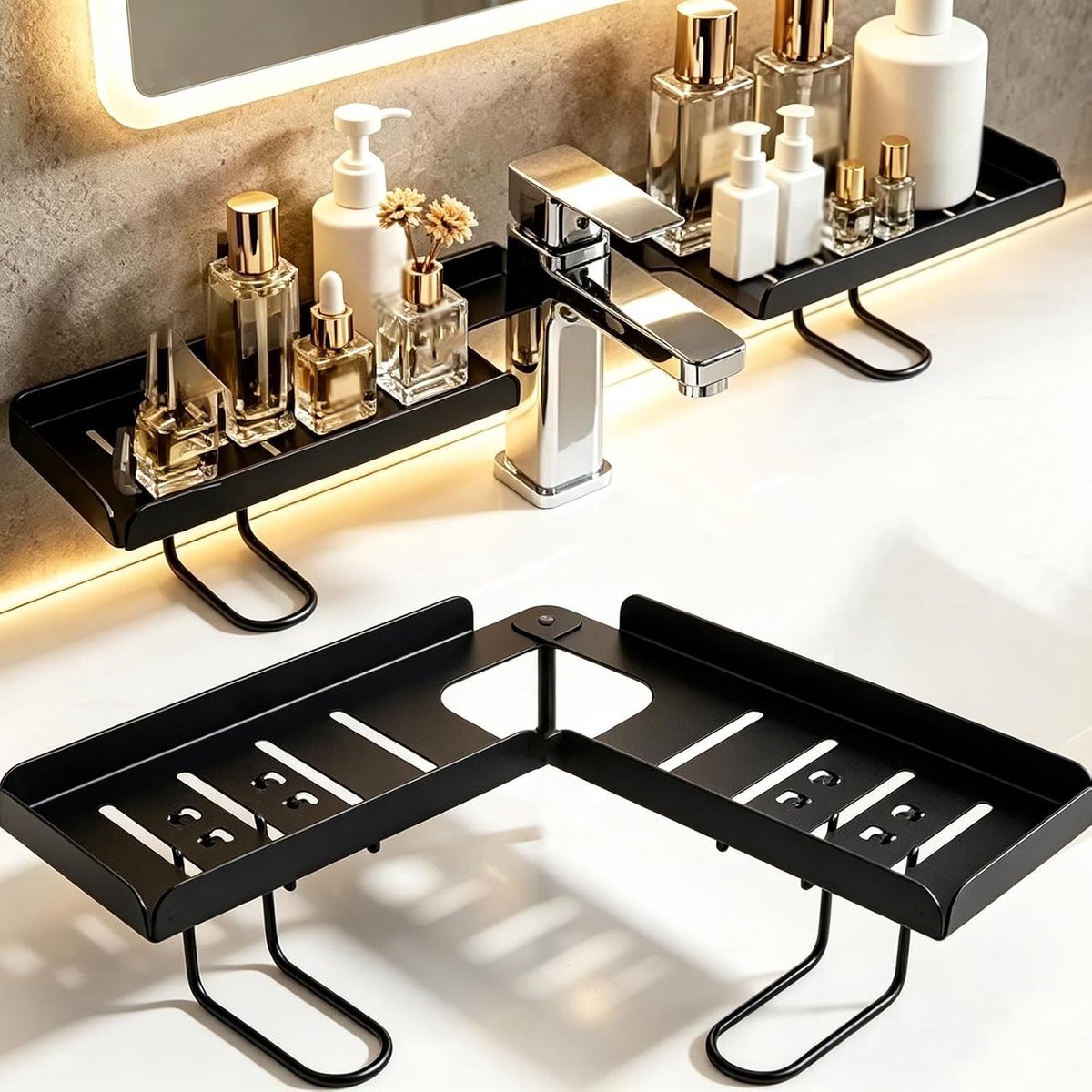 Gootsteen organizer - 180°Opvouwbare - Afwasborstel Houder - Aanrecht Organiser - Sponshouder - Vaatdoekhouder - Gootsteenrek - Gootsteenrekje - Zonder Boren - Afvoerrek - Ruimtebesparend - 50cm - Voor badkamer en keuken aanrecht - Zwart