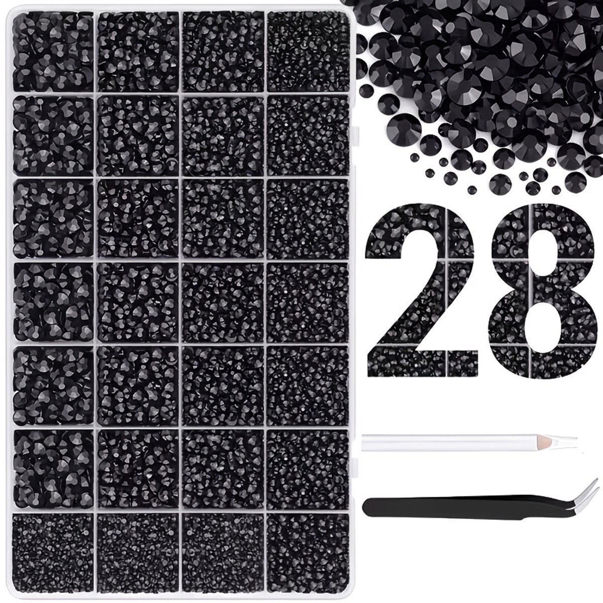 Currero Bedazzle Kit - Bedazzling - Plakstenen - Strass Steentjes - DIY Versieren - Set Met 18.000 Steentjes - 28 Vakken - Nagel Decoratie - Met Pincet En Applicator - Zwart