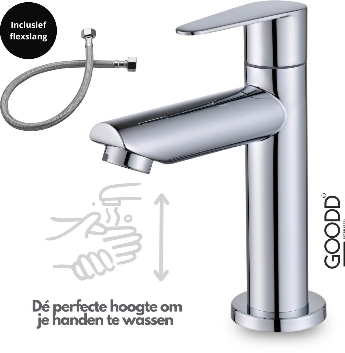 GOODD® - Fonteinkraan - Koudwaterkraan - Toiletkraan - Wc kraan - Chroom - Glans - Aansluitslang