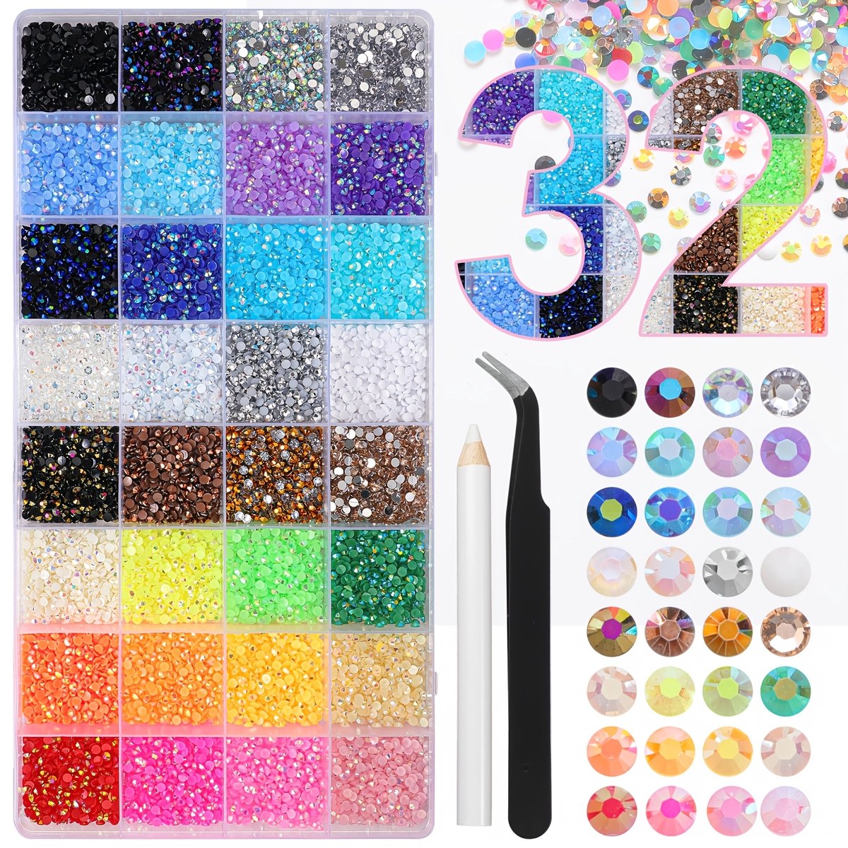 Currero Bedazzle Kit - Bedazzling - Plakstenen - Strass Steentjes - DIY Versieren - 32 Vakken - Nagel Decoratie - Met Pincet En Applicator - 2/6mm