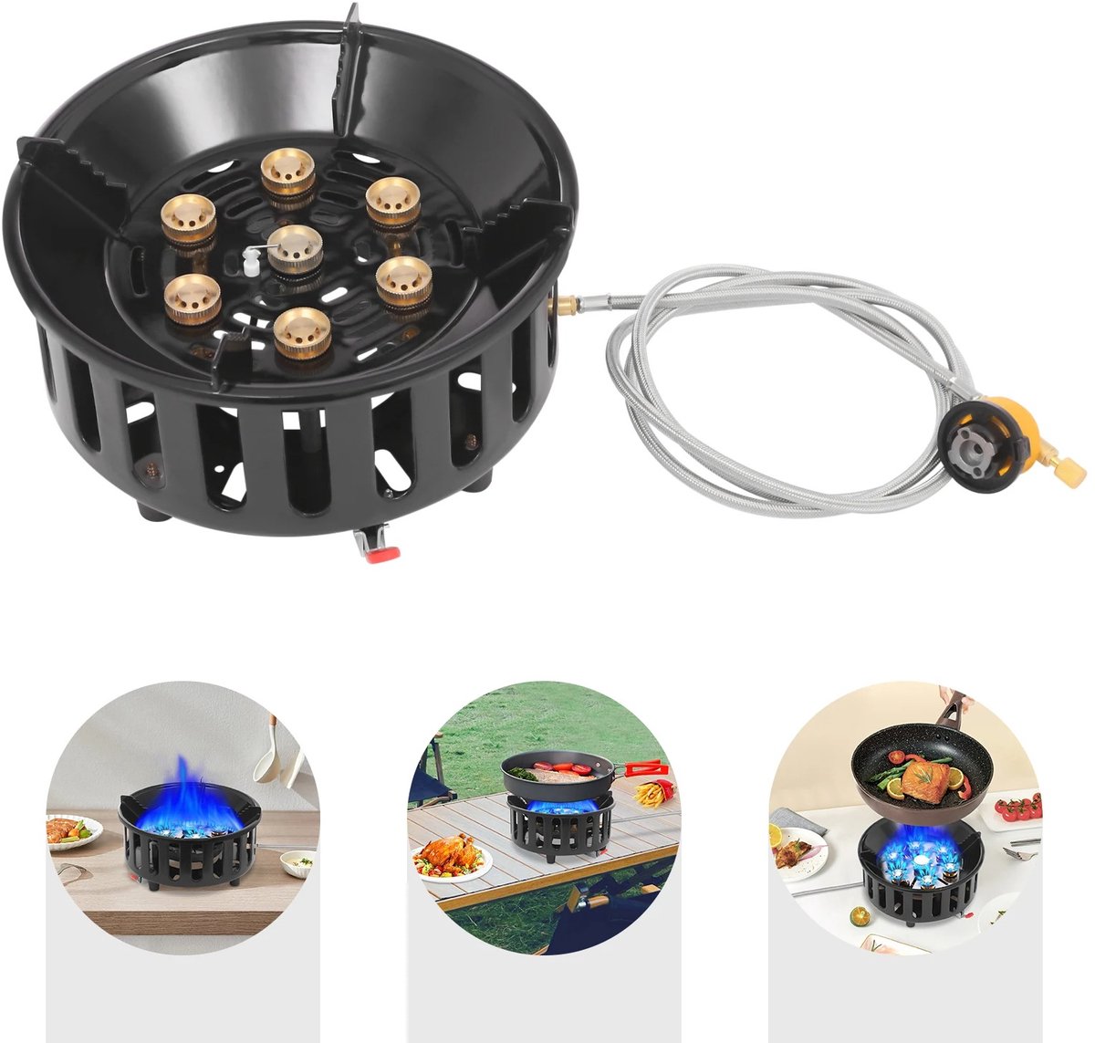 Cherrys Finds - Draagbaar Gasfornuis - Outdoor Kookplaat - Professioneel Koken - Krachtige Wokbrander - 21000W - Draagbare Butaan Buitenbrander - Met 2 Adapters - Draagbare Kachel voor Buiten Koken en Braden - Zwart