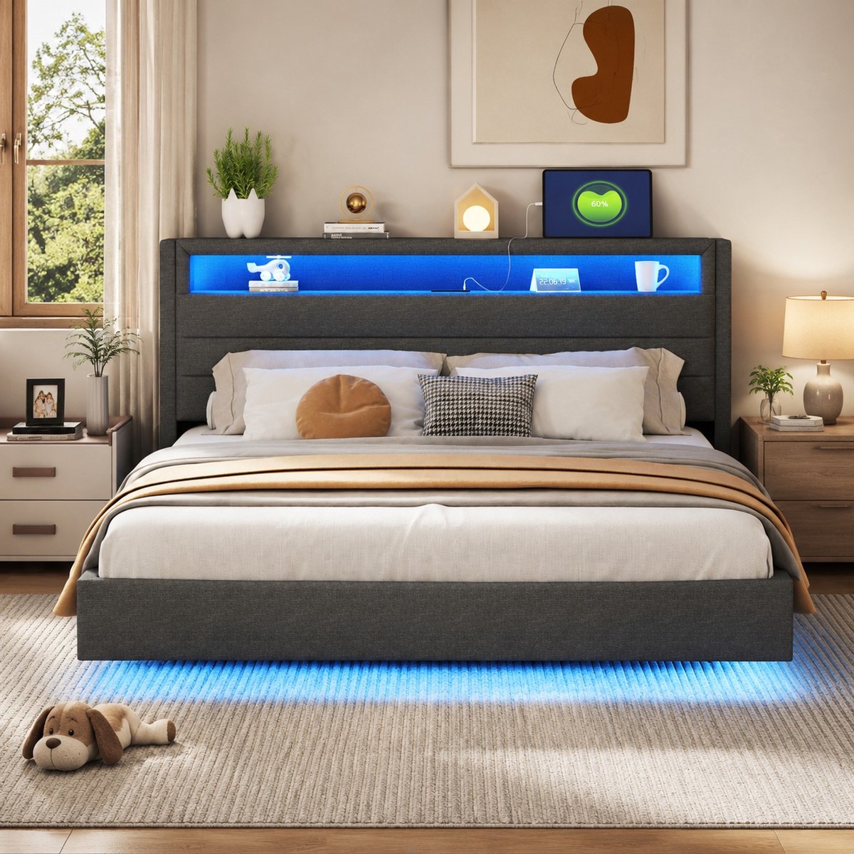 COVREO Bed met USB-aansluiting – 160x200 cm – Tweepersoonsbed met LED-verlichting – bedframe met opbergruimte – Grijs - zonder matras
