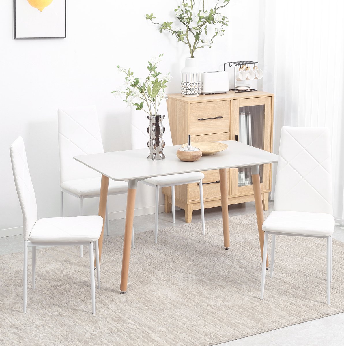 HAUSS SPOLE Eetkamerstoel - Set Van 4 - Hoge Rugleuning Met Ruitstiksel En Comfortabele Bekleding - Voor Eetkamer En Keuken - Wit