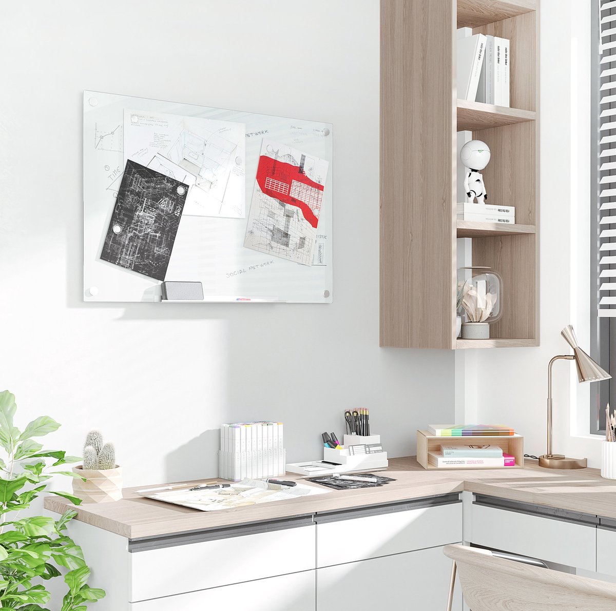 MODFU-Glas Whiteboard-Magnetisch-Wandmontage-Zonder Frame-Wit-90 X 60 Cm