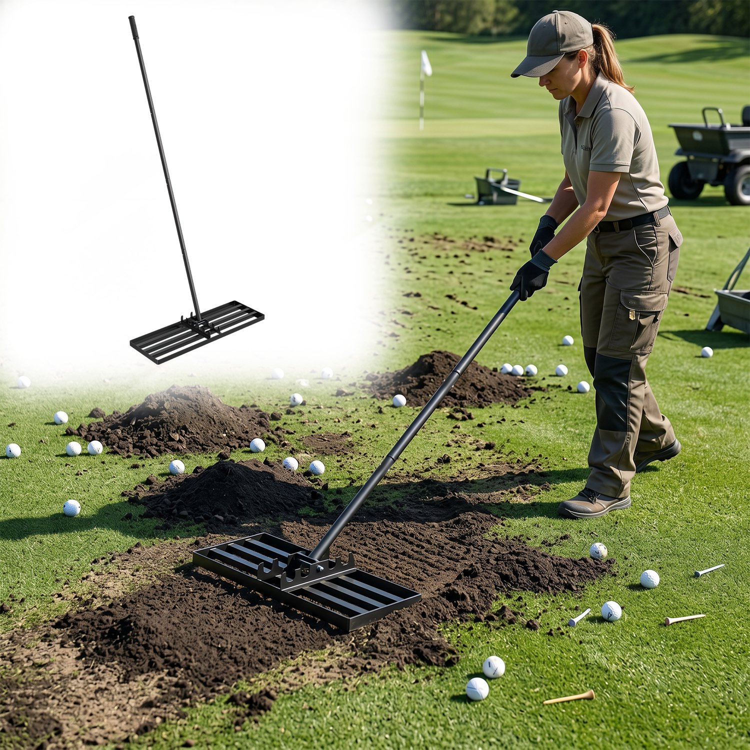 Aufun 75×25 cm roestvrij staal gras nivellering hark golf profi met verstelbare steel - Zwart - leveling rake voor zand en trekken, vlakmaker voor golfbaan, tuin en hof.