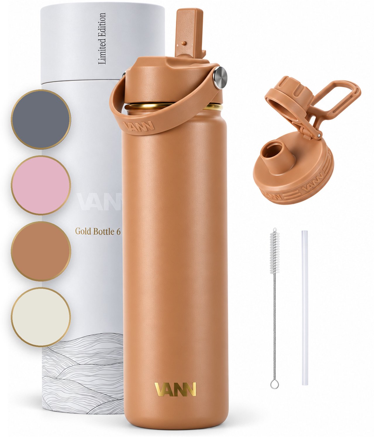 VANN® RVS Drinkfles 650 ML met rietje voor volwassenen – 3-Wandig – Met 2 doppen – Thermosfles – 12 uur warm/24 uur koud – Cadeau voor man en vrouw – VANN Gold Botte Macchiato