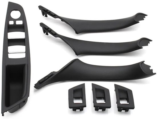 Zwarte interieur- en handgreep set voor BMW 5 Serie, inclusief paneel en drie afzonderlijke grepen.