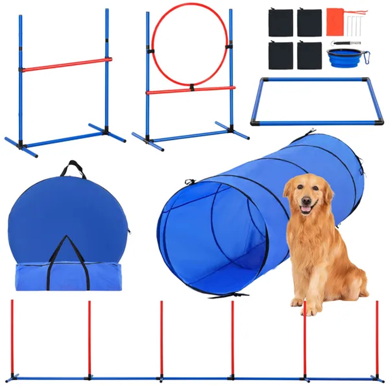 Complete agility‑trainingsset voor honden 5‑delig-trainingsfluitje en opvouwbare voerbak- volledig hindernisparcours geschikt voor puppy’s en volwassen honden- inclusief handige opbergtas- voor buiten‑ en tuintraining