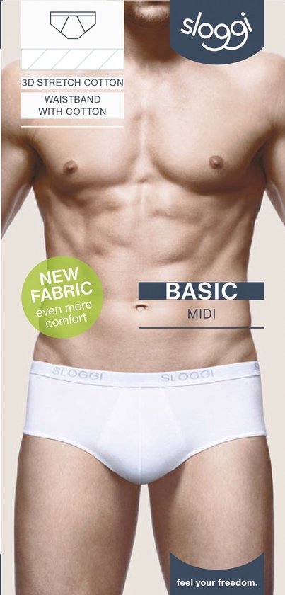 Model draagt witte Sloggi Basic Midi-slip met tekst: 3D Stretch Cotton, Waistband with cotton, Feel your freedom.