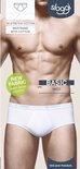 Model draagt witte Sloggi Basic Midi-slip met tekst: 3D Stretch Cotton, Waistband with cotton, Feel your freedom.