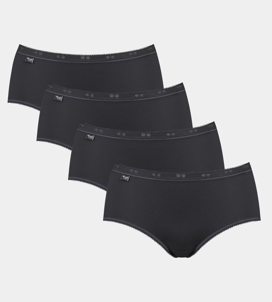 Set van vier zwarte Sloggi midi-slips met elastische randen en een klein Sloggi-label.