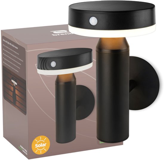 Zwarte Brendz wandlamp met bewegingssensor voor buiten, verpakt in doos met tekst 'Solar wandlamp met bewegingssensor'.