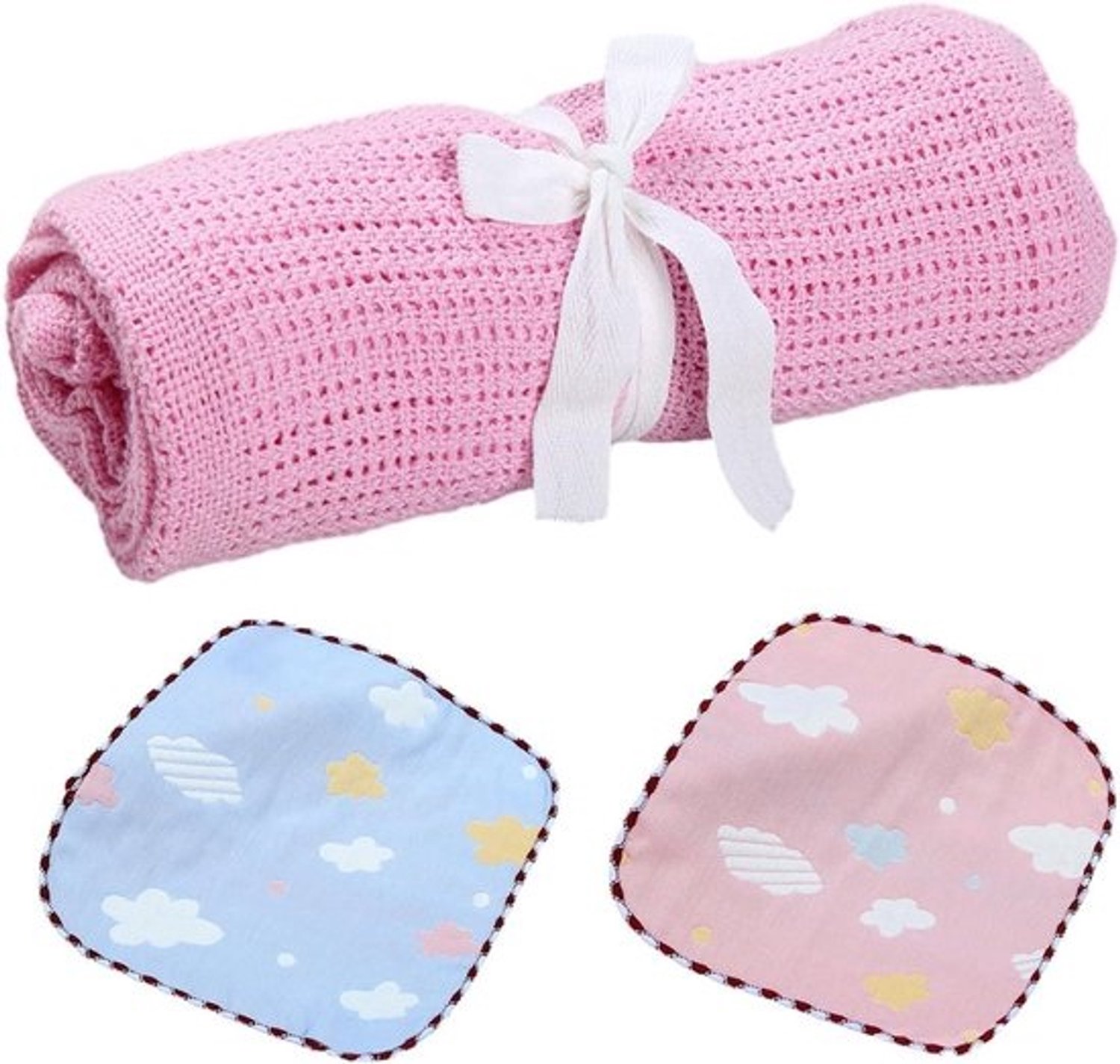 Roze babydeken, slabbetjes en honingraatdeken - Kinderhanddoekdeken, beddengoed en spuugdoek - Reisdeken voor pasgeborenen met vliegtuigmotief - Essentiële artikelen in roze