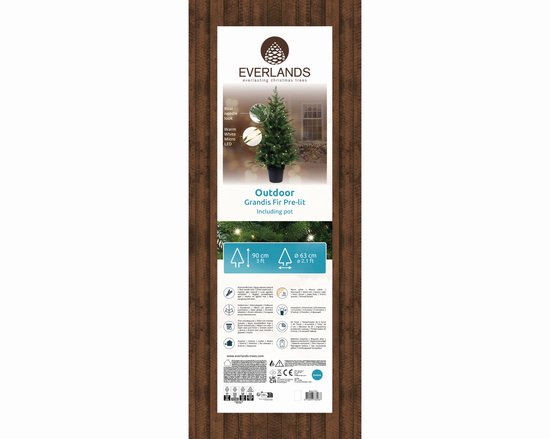 Verpakking van Everlands Outdoor Grandis Fir, 90cm boom met warme LED, timer en pot inbegrepen.