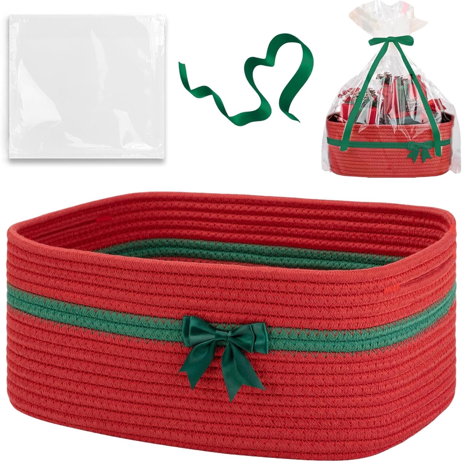 KZQ Cadeaumand - Lege mand - Met handvat - Inclusief doorzichtige zak en lint - Geschikt voor verjaardagen, Kerstmis, feestjes, enz. - 35 x 25 x 15 cm - Rood