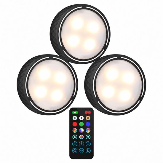 Drie zwarte, ronde led-kastlampen met een gestructureerd patroon en een afstandsbediening met kleurinstellingen.