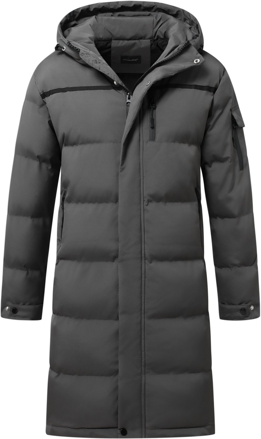 ALLTHEMEN Heren Lange Gewatteerde Winterjas met Capuchon Warm Winddicht 2XL Grijs