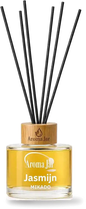 Aroma Jar jasmijn geurstokjes in een glazen fles met houten dop en zes zwarte rietjes.