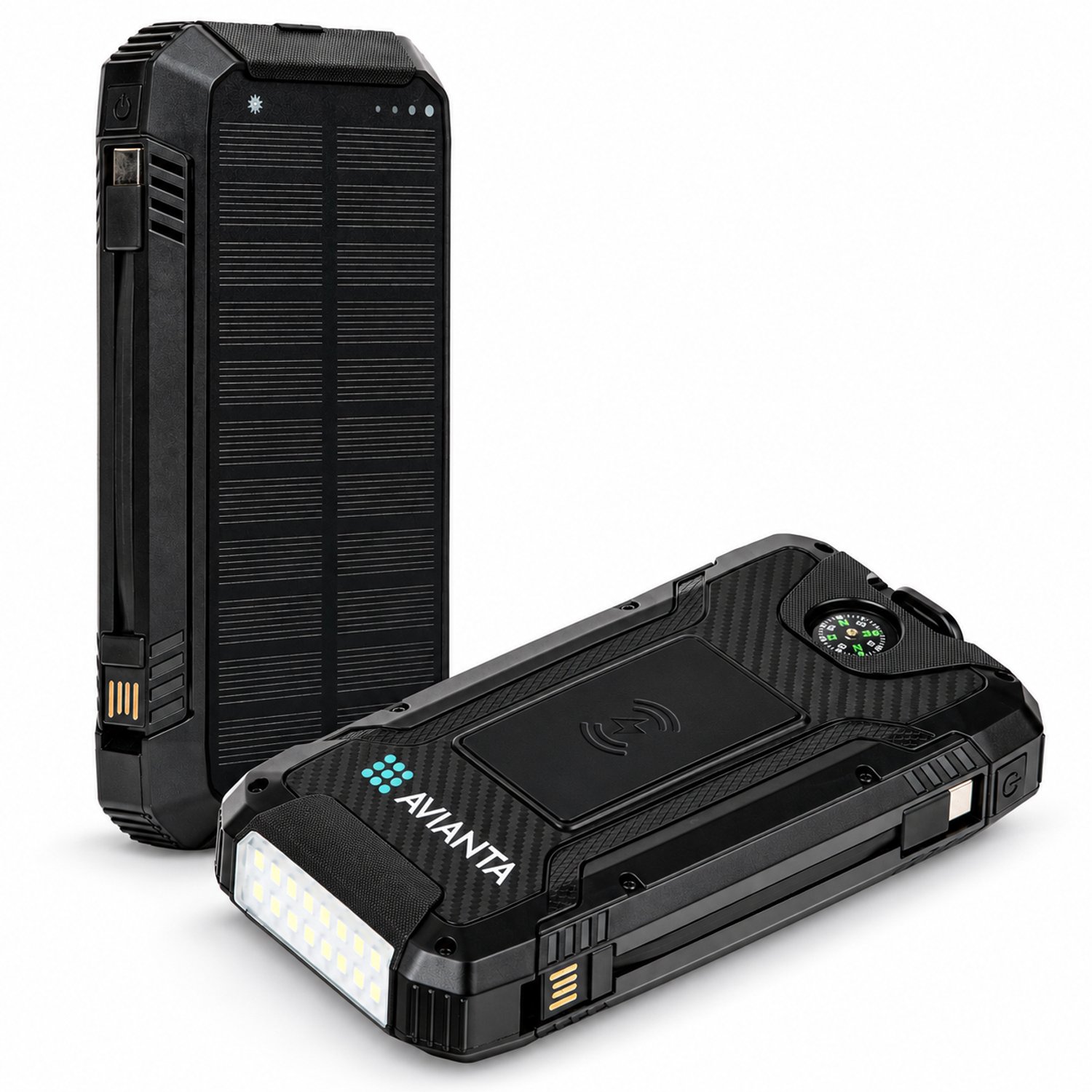 Solar Powerbank 27000 mAh - AVIANTA® Powerbank Zonneenergie - Noodpakket - Snellader 22,5W - Ingebouwde Kabels - Draadloos Opladen - USB-A/USB-C/Lightning - Zaklamp Led - Kompas - 430 Gram - Zwart