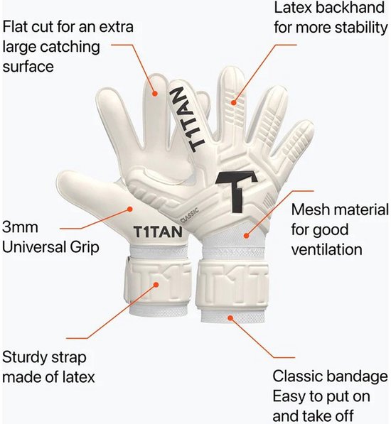 Witte T1TAN handschoenen met aanduidingen voor flat cut, latex backhand, mesh materiaal en stevige polsband.