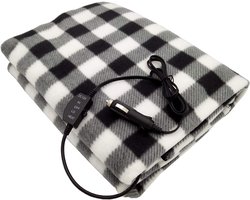 12V Elektrische Auto Verwarmde Deken - Fleece Materiaal - Winter - Geschikt voor Autoreizen en Kamperen - Grijs-Wit
