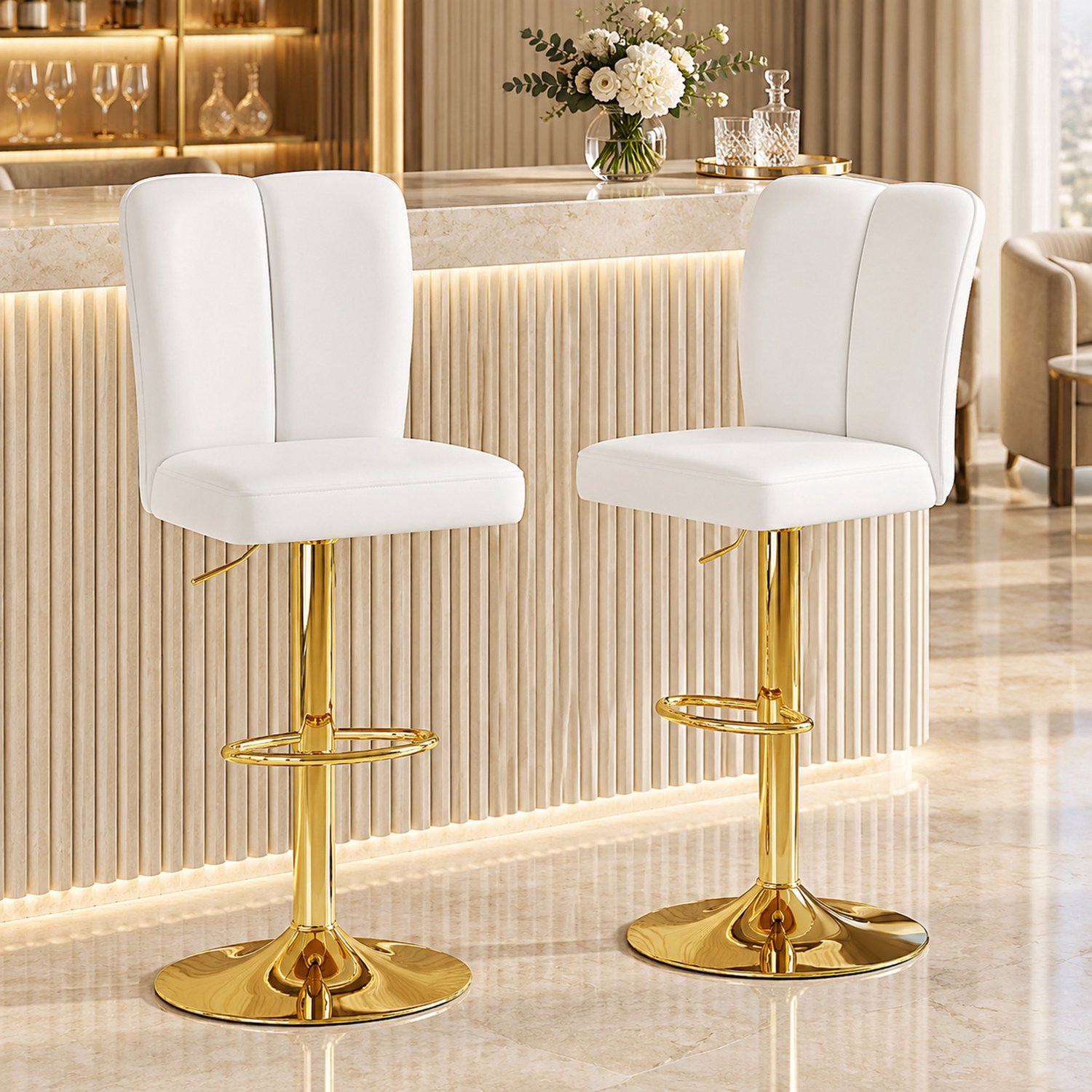 CHICFURN Barkruk - Set van 2 - Hoogteverstelbaar - Draaibaar - Wit goud Wit en goud