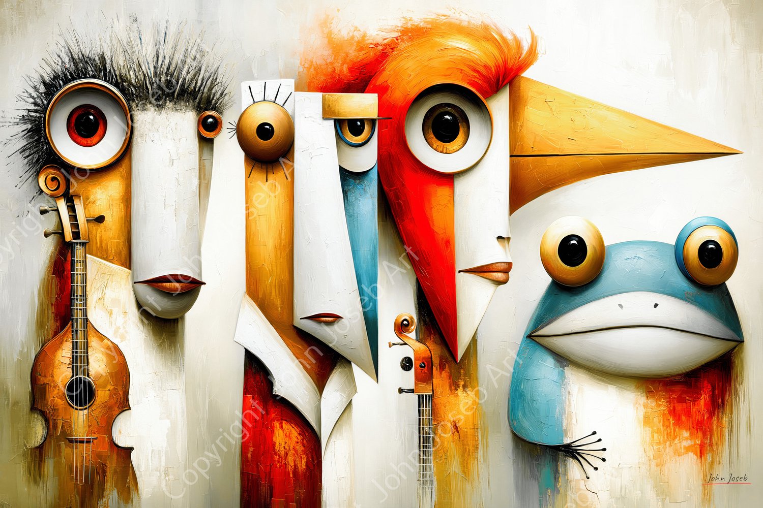 John Joseb Art (Aluminium) 60x40 | Kikker en grappige gekke dieren, humor, abstract, kleurrijk, muziek, kunst | muziekinstrument, bruin, rood, geel, blauw, wit, modern | foto-schilderij op dibond, metaal wanddecoratie