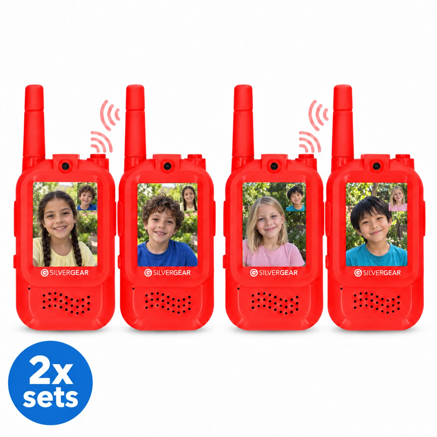 Silvergear® Video Walkie Talkie voor Kinderen - Set van 4 met Camera - Met Stemvervormer - Oplaadbaar via USB-C - Live Beeld & Geluid - Tot 200m Bereik - Kinderspeelgoed vanaf 5 Jaar - Rood - Cadeau voor Jongens en Meisjes 5,6,7,8,9,10+