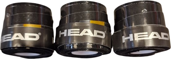 Drie zwarte Head overgrips met een grijze band met HEAD-logo en gele accenten.