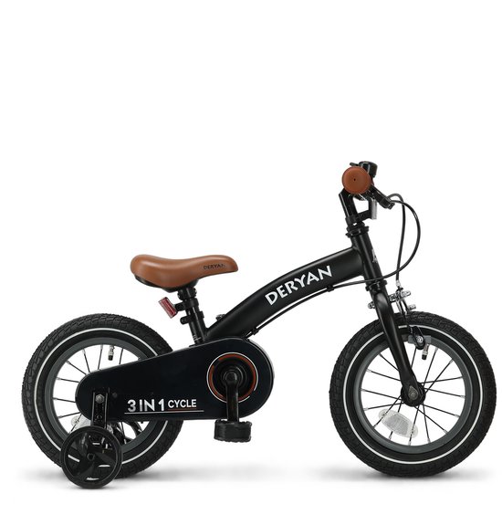 Zwarte Deryan kinderfiets met zijwieltjes, bruin zadel, handvatten en '3 IN 1 CYCLE' op de kettingkast.