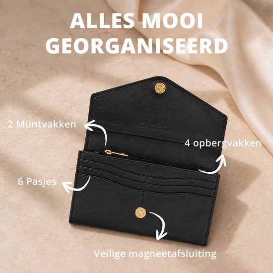 Zwarte leren envelop-portemonnee met 2 muntvakken, 4 opbergvakken, 6 kaartvakken en een magnetische sluiting.