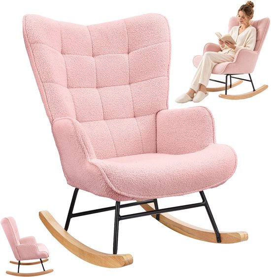 Roze teddy fauteuil met een gewatteerde rugleuning, zwart metalen frame en houten schommelpoten.
