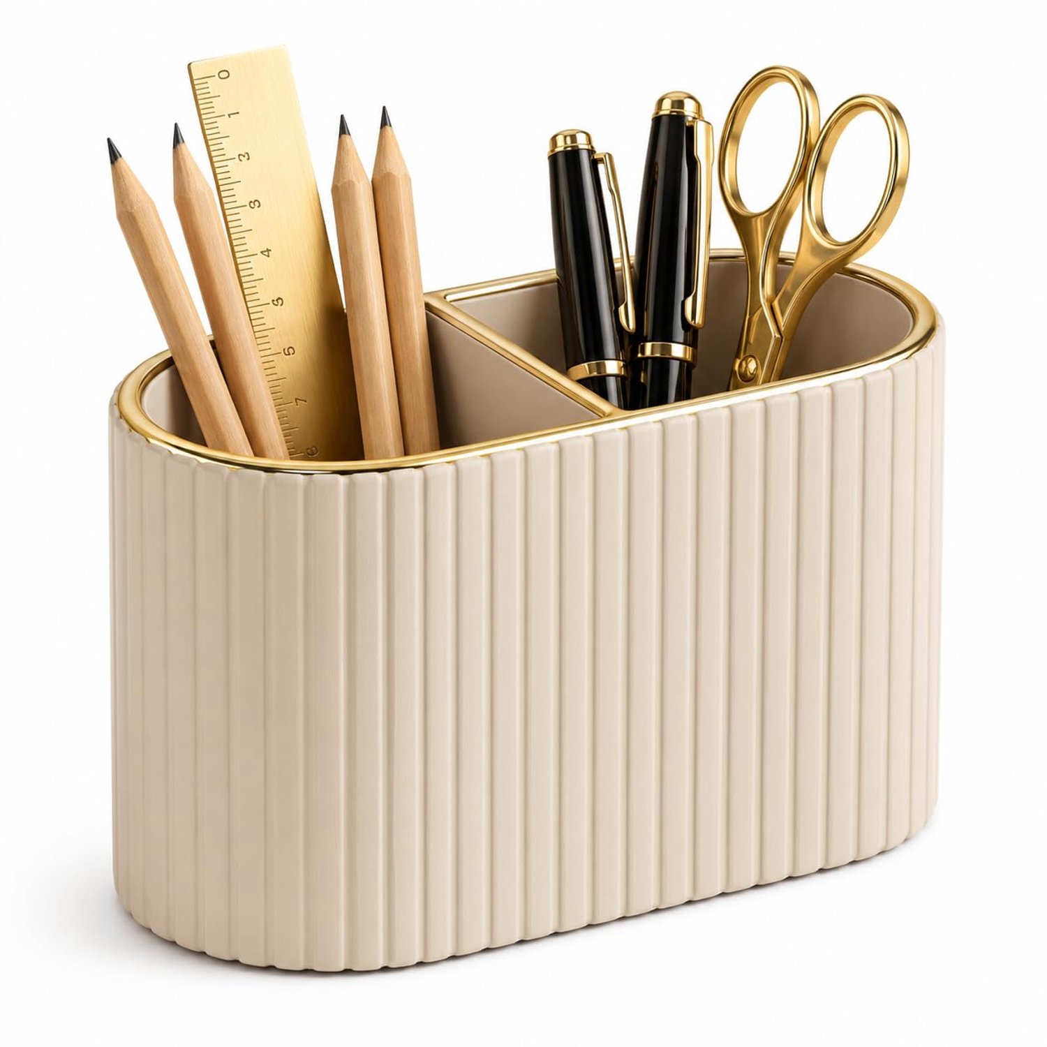 Pennhouder Bureau voor Kantoor en Thuis - Elegant Crème PU Leer met Gouden Rand - 2 Vakken - Ovaal - Makkelijk Schoon te Maken