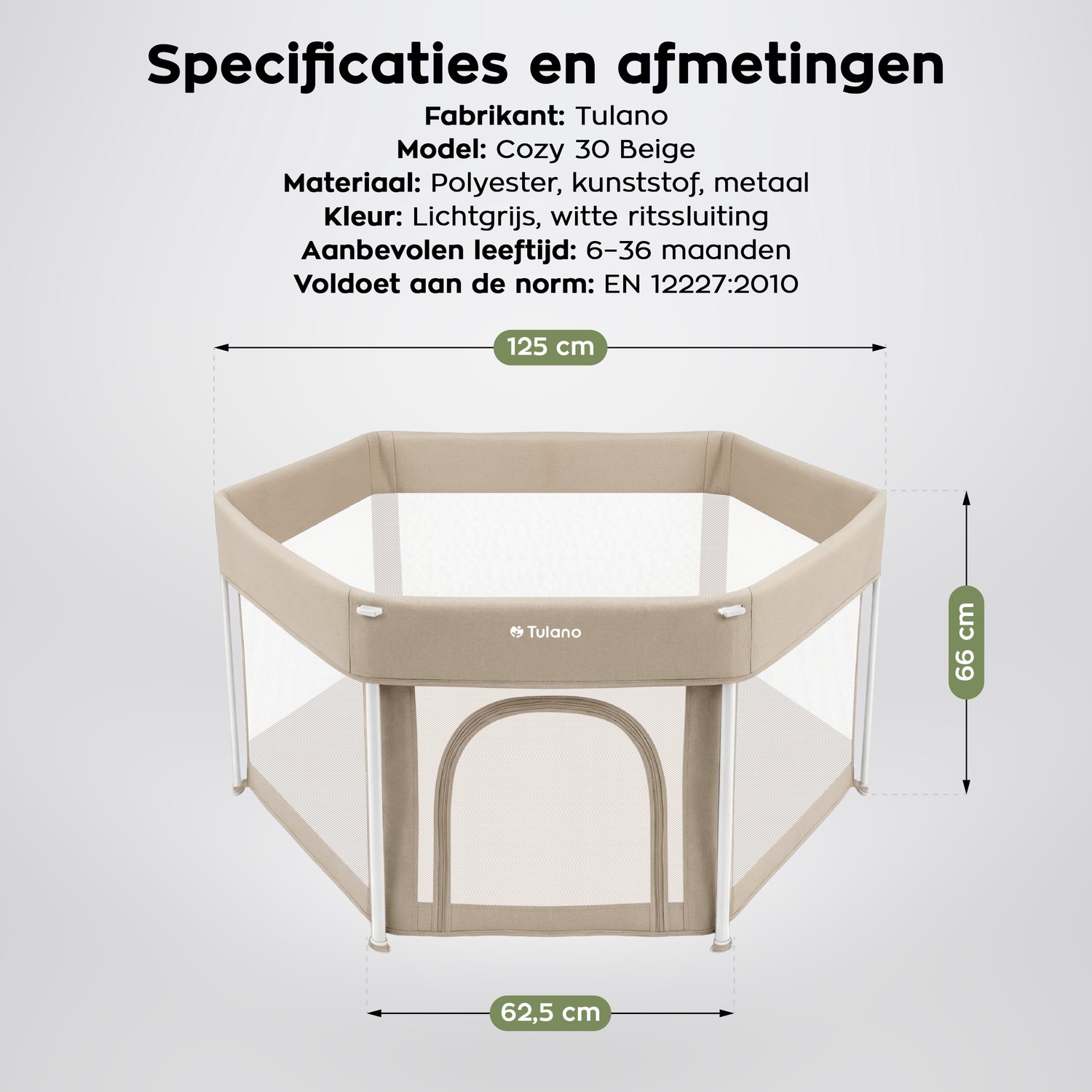 Tulano Cozy 30 - Grondbox - 125x125x66cm - Met draagtas - Inklapbare - Opvouwbare Baby Speelbox - zeshoek - voor binnen en buiten - ademend gaas - EN71 gecertificeerd - Beige – foto 7