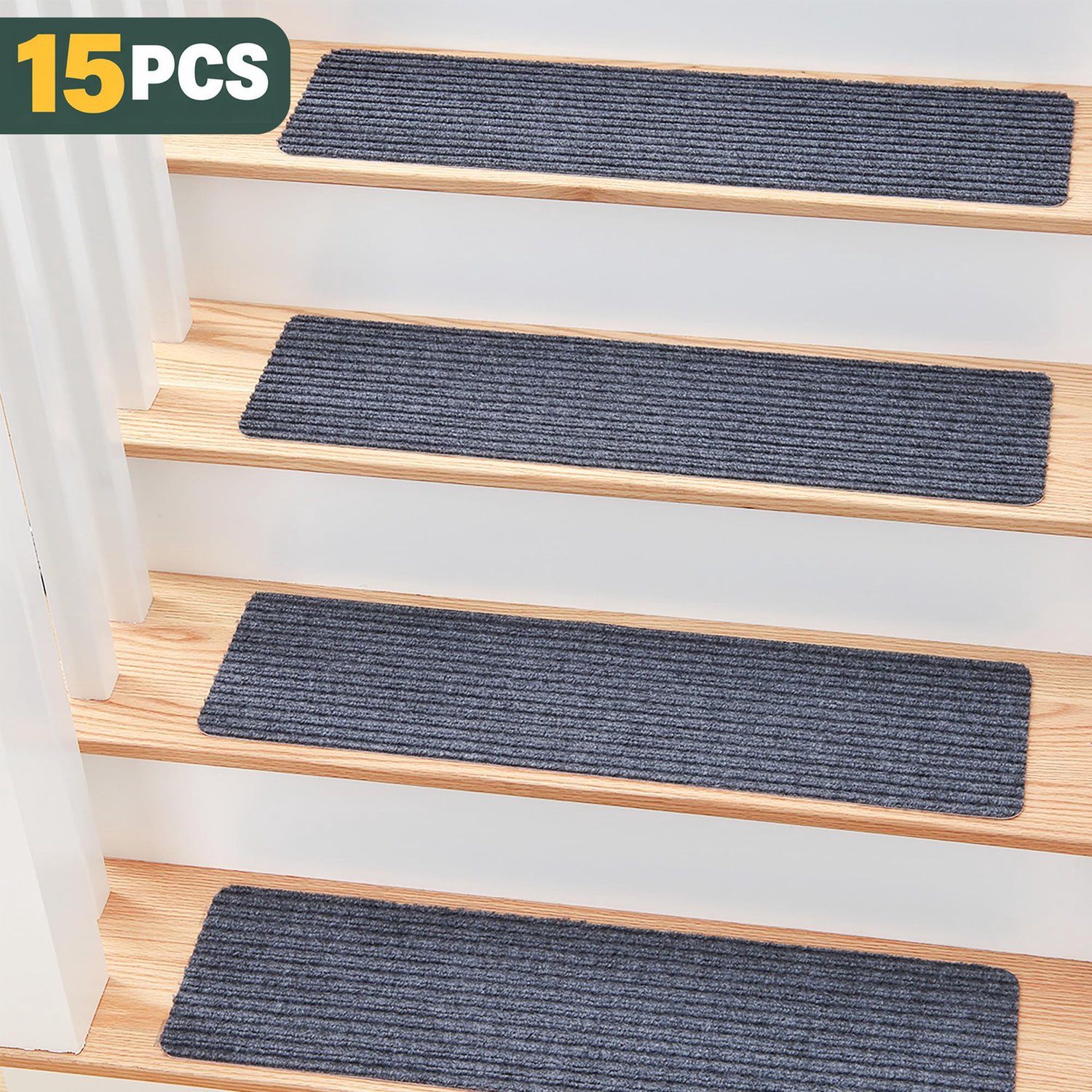 Trapmatten voor Houten Trappen - 15 Stuks Antislip met TPR Achterkant - 76 x 20 cm Rechthoekig - Zelfklevend zonder Residu - Geschikt voor Ouderen, Kinderen en Huisdieren - Donkergrijs