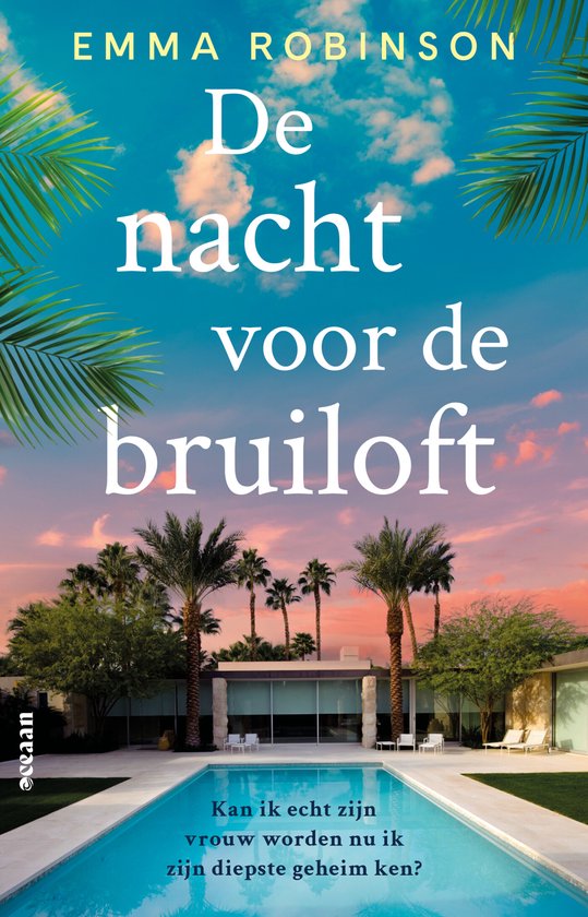 Boekomslag 'De nacht voor de bruiloft' van Emma Robinson, met zwembad bij zonsondergang en palmbomen.